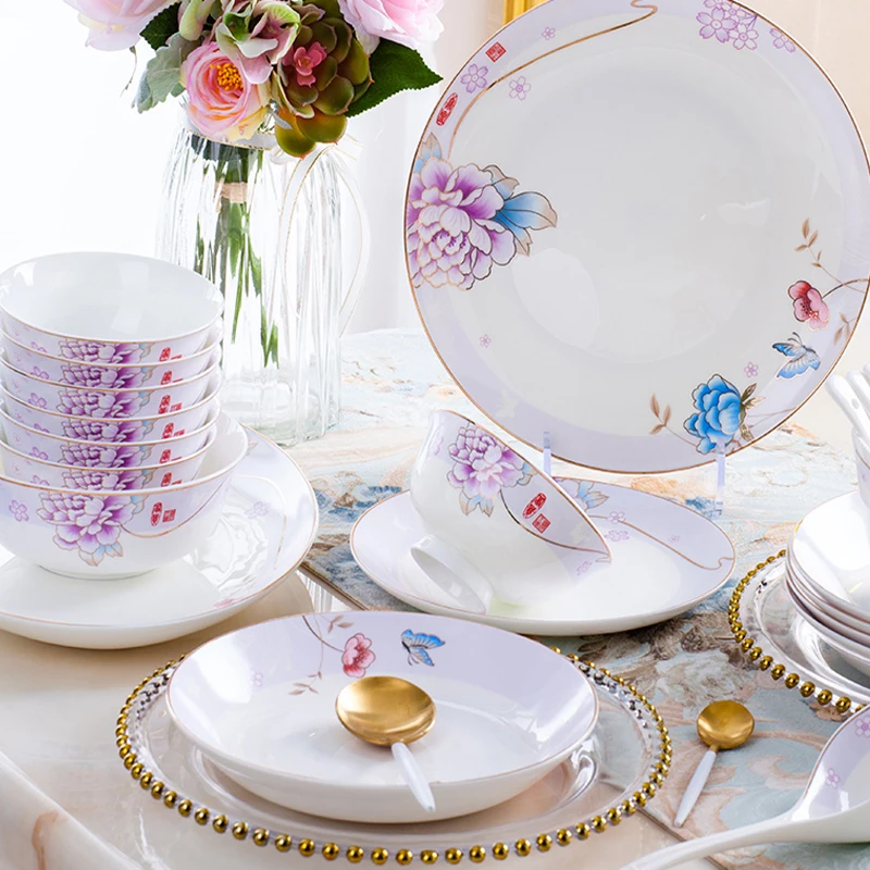 60 Heads Dinnerware Set Tableware Rice Bowl Dish Salad Noodles Bowl Plate chinese dishes Tableware Kitchen Tableware