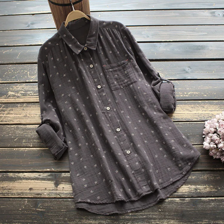 8417 New Autumn Women Blouse Japan Style Literary Print Turndown Collar Double Layer Cotton Shirt Tops Women 5