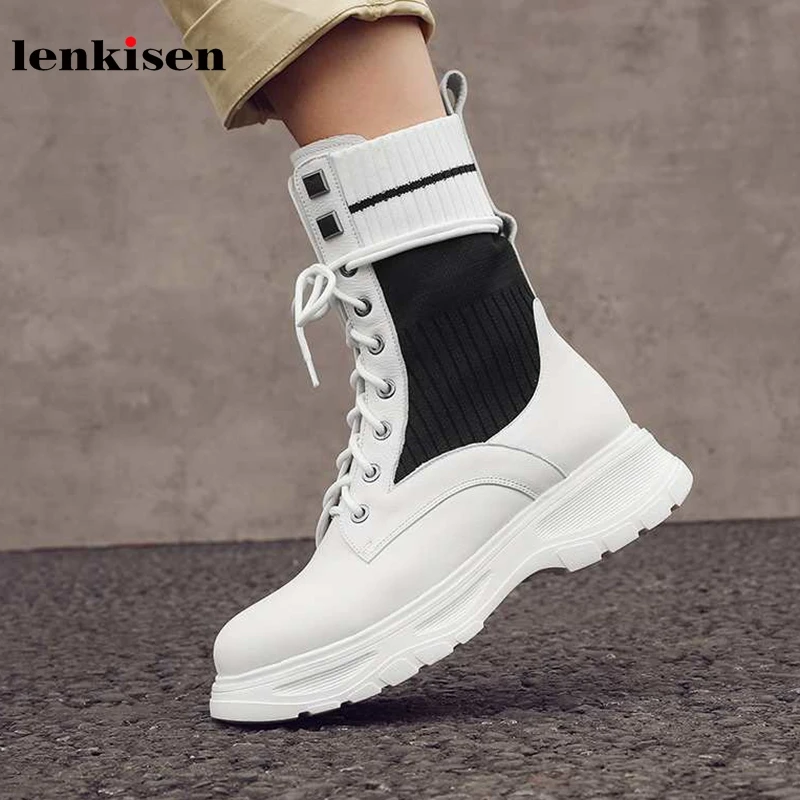 

Lenkisen mixed colors genuine leather socks boots lace up rivets med heels thick bottom winter keep warm women ankle boots L10