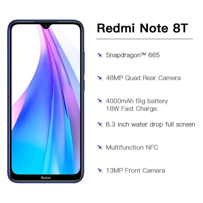 Xiaomi Redmi Note 8 T, 128 ГБ, 4 Гб, NFC, смартфон, 48 МП, четырехъядерный, камера заднего вида Snapdragon 665, четыре ядра, 4000 мАч, глобальная версия