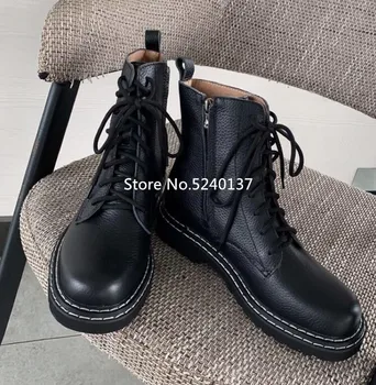 

New European Designer Black Leather Women Ankle Boots Cross-tied Side Zip Thick Bottom Motorcycle Boots Female