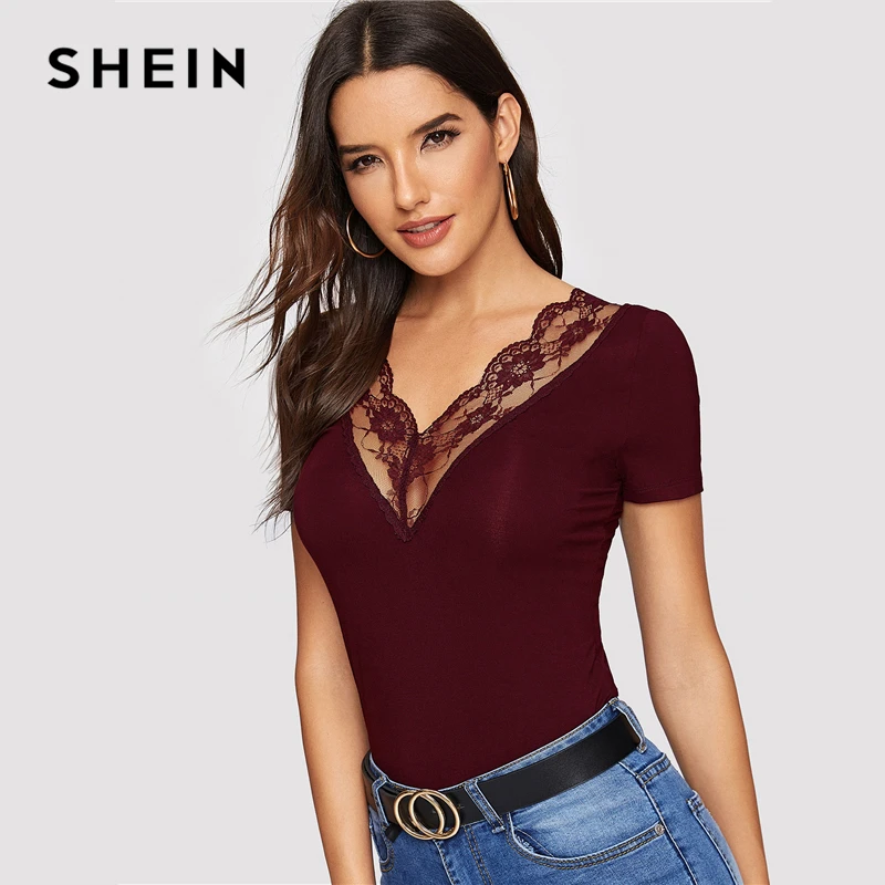 SHEIN Сексуальная футболка с двойным v образным вырезом и кружевной отделкой