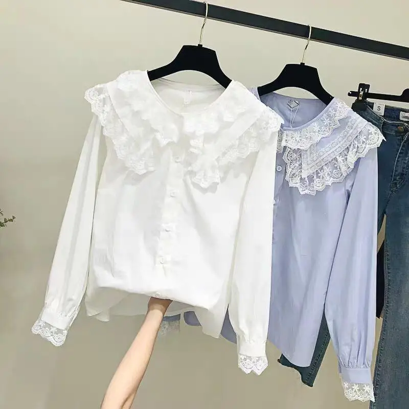 

Spring Fall Korea Preppy Women Sweet Lace Shirts Female Causal Flare Sleeve Blouses Solid Peter Pan Collar Shirts