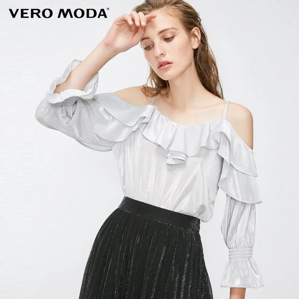 Vero Moda новые женские блестящие с заниженным плечом гофрированные 3/4 расклешенные рукава чистый Топ | 318430503
