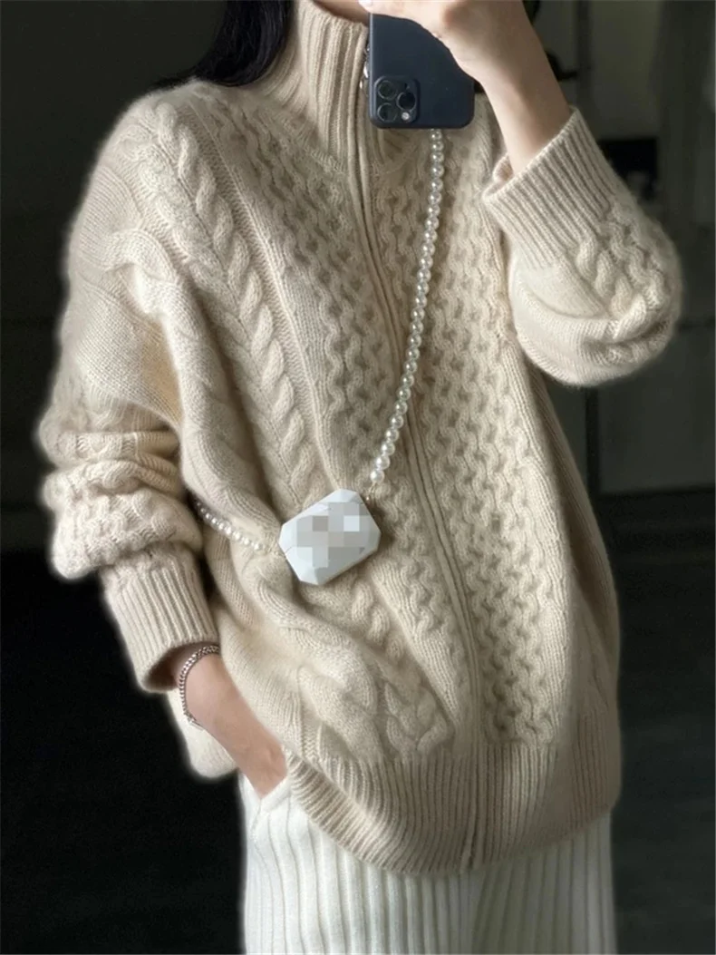 Autumn and winter new thick turtleneck cashmere knitted cardigan women's loose wool sweater cardigan Plus Size Female Jacket top green cardigan