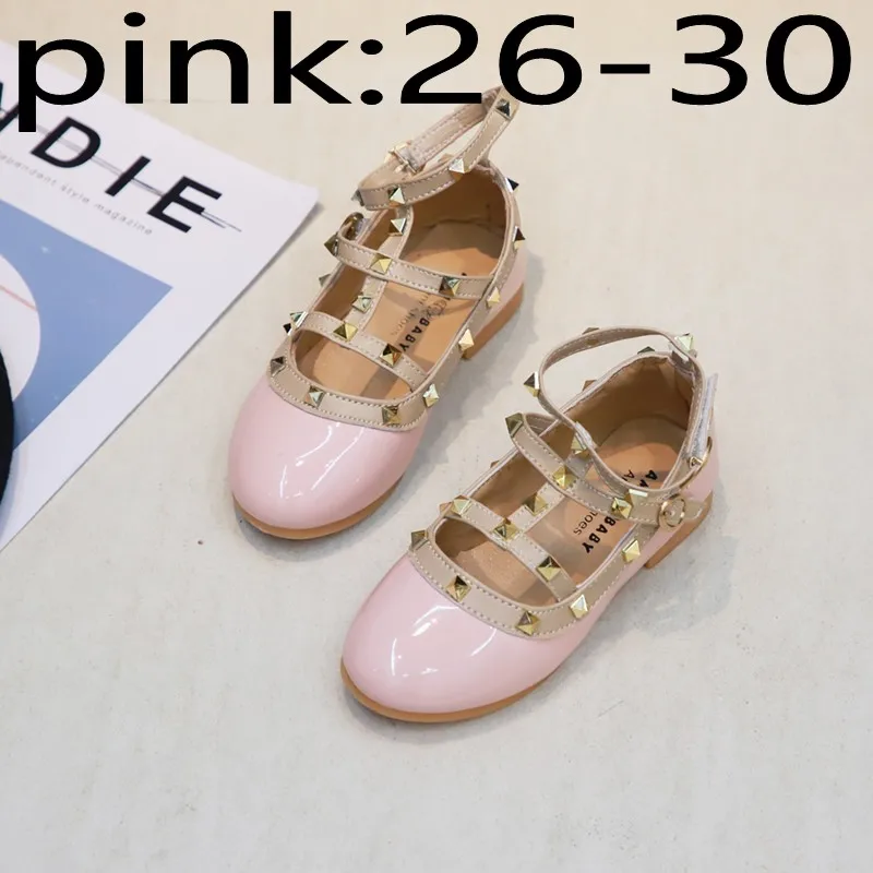 pink 26-30 Модные детские сандалии для девочек повседневная кожаная женская обувь туфли принцессы детские танцевальные туфли на плоской подошве модная детская обувь на плоской подошве с заклепками для девочек - Цвет: pink 26-30