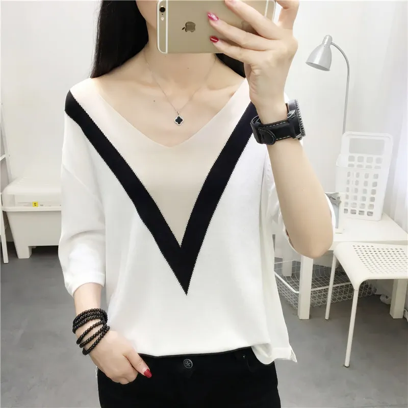 

knitwear short sleeve women's thin summer 2021 new fashion V-neck top seven point middle sleeve half sleeve is thin