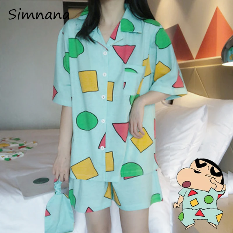 

Cute Pyjamas Sleepwear Set Crayon Shin-chan Cotton Pajamas Set with Eye MaskWomen Autumn Spring Pijamas Short Sleeve Nightwear