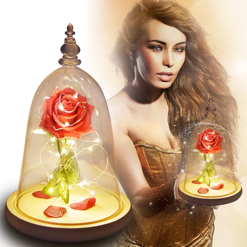 

Dropshipping Beauty and the Beast Eternal Rose Flower in Glass Dome with LED Night Lamp Lights Christmas Birthday Gifts for Girl