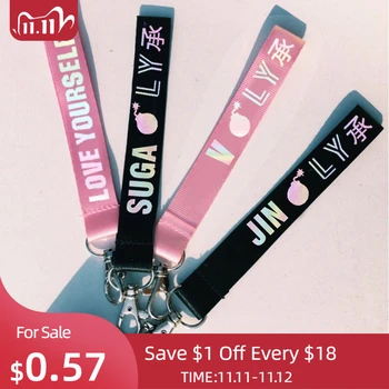 

KPOP Keychain Laser Bangtan Boys Lanyard Love Yourself Key Chains Jung Kook V SUGA JIMIN JHOPE RM Keyring Accessories
