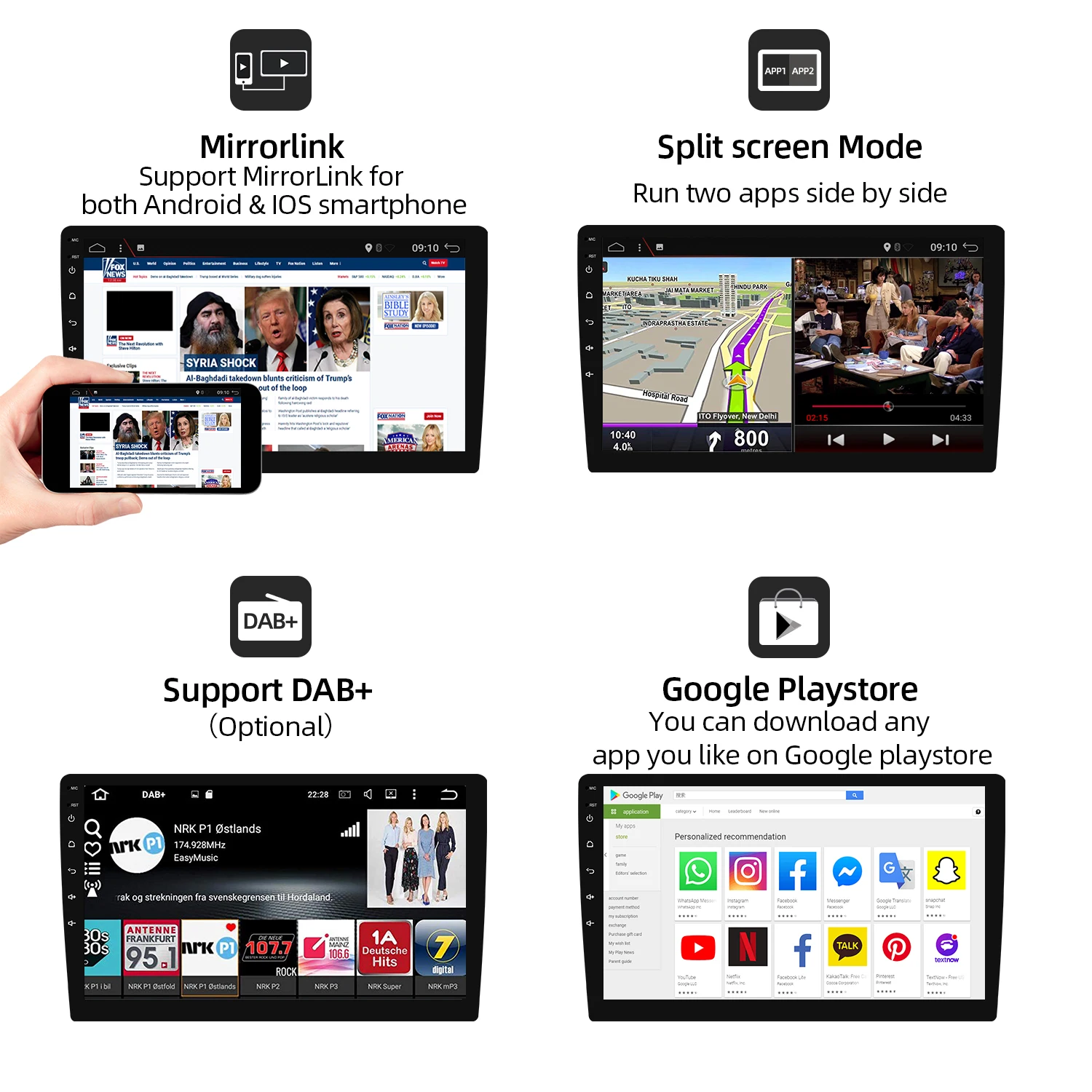 Multimídia com Android Navegação por Gps Rádio Multimídia Automotivo Bluetooth Som Universal 10 hd 1024*600 Dab Hdmi 10.0 20 Rádios automotivos