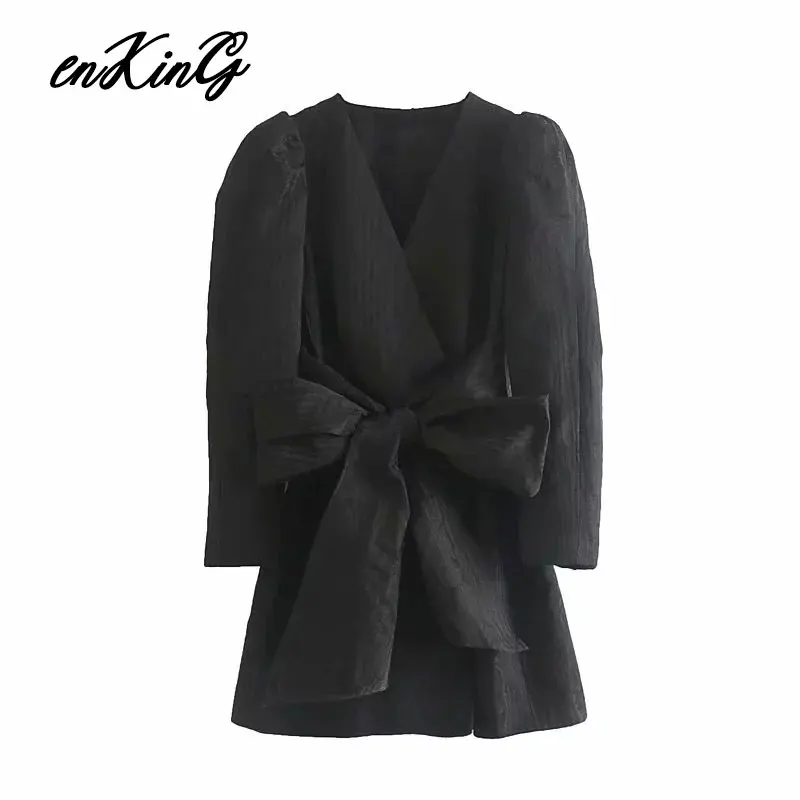 

2019 autumn party dress women england elegant pleated bow v-neck long blazer vestidos de fiesta de noche vestidos mini dress