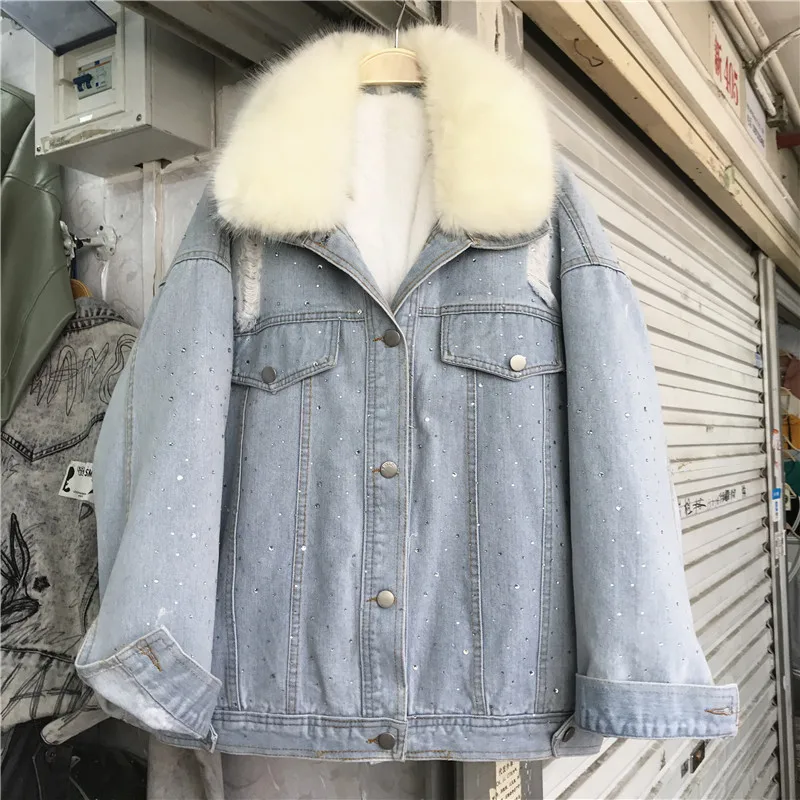 

Winter Warm fur Coat Natural Fur Collar + Real Rabbit Hair Liner Denim fur Jacket Female retro fur parkas Fur Outerwear QJ03
