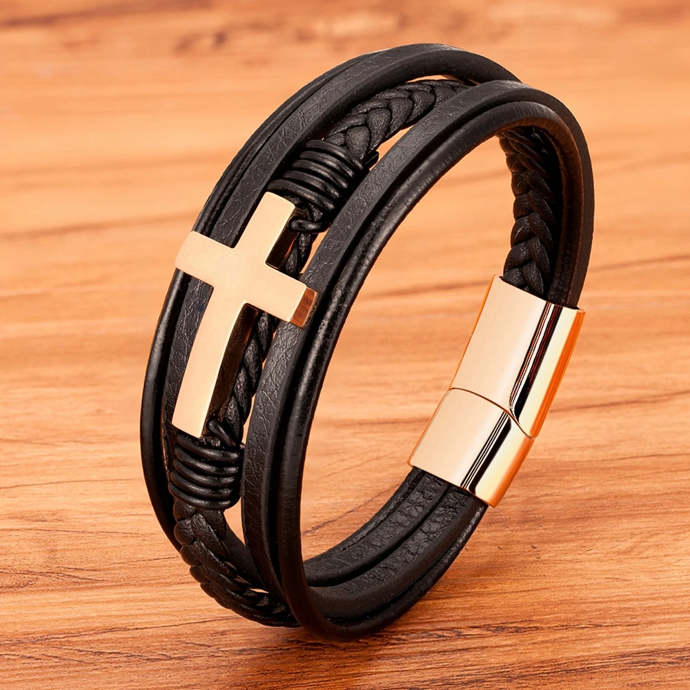 Classic Style Cross Men Bracelet Multi-Layer Stainless Steel Leather Bangles Magnetic Clasp - Image 6