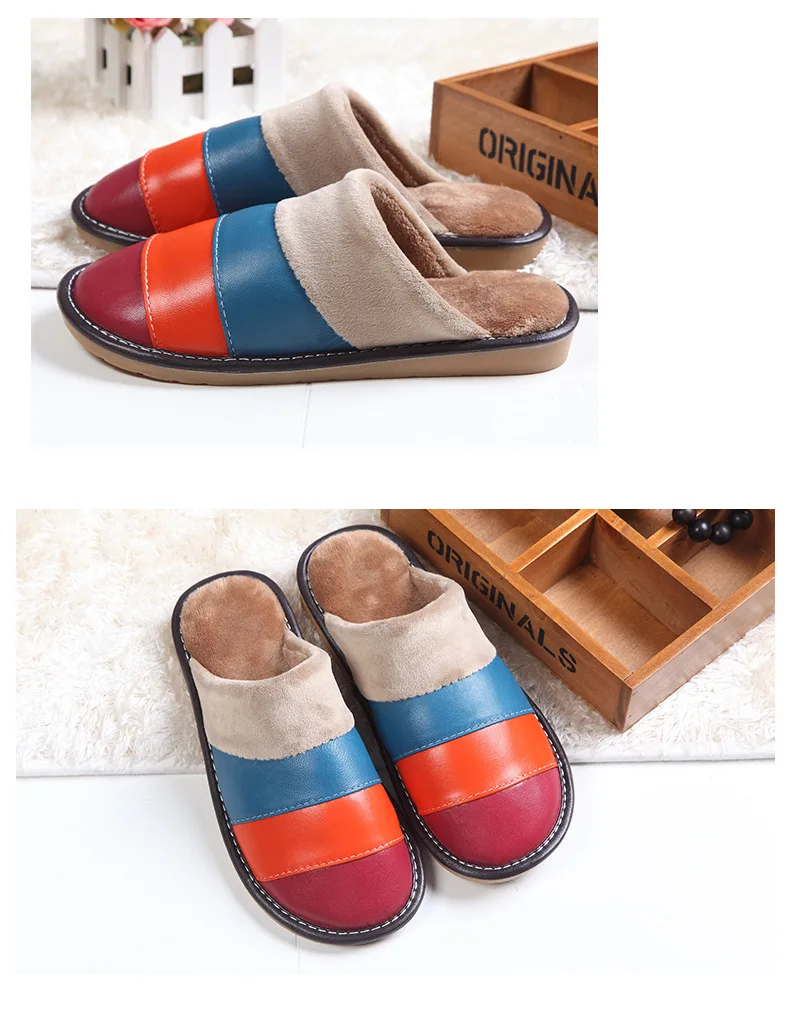 Winter New Rainbow Couples Home Slippers Indoor Warm Non-slip Beef Tendon Slippers High Quality Soft Leather Casual Men Shoes