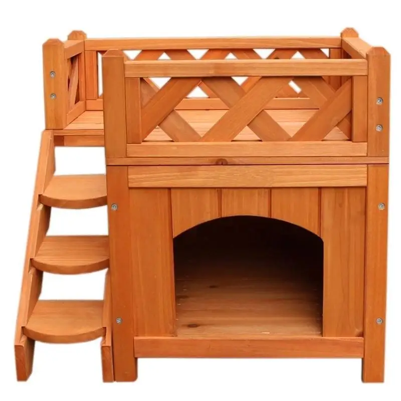 

Fir wood Double-deck Small Pet Cat House Living House Kennel with Balcony