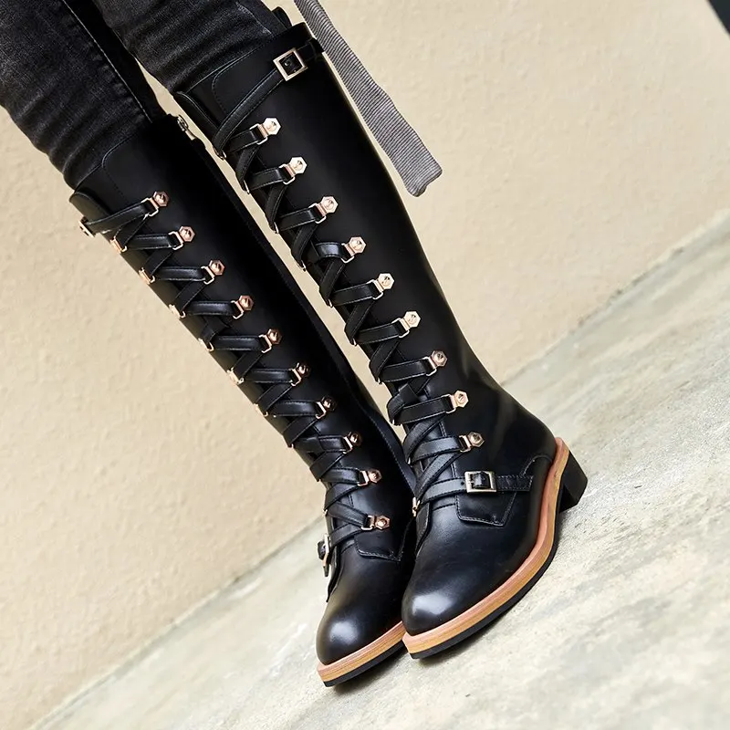ASUMER new Genuine leather boots buckle punk women's motorcycle boots lace up autumn winter combat knee high boots women