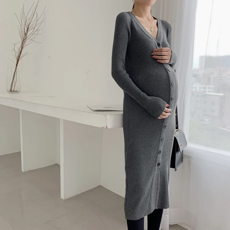 Однотонный для беременных Платья однобортное платье для беременных повседневное корейское платье для беременных осенне-зимняя одежда для беременных