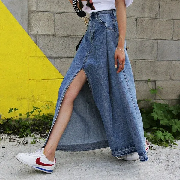 Lady Summer Ankle-Length Jeans Skirts Female Vintage Saia Women High Waist Sexy Split Long Denim Skirts S-XL