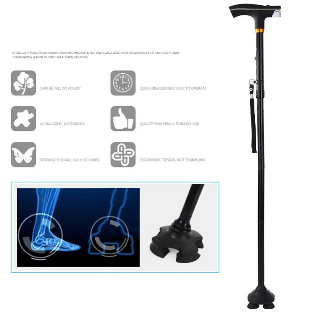 LED Light Walking Stick For Old Man Telescopic Folding Trekking Poles T-handle Hiking Poles Cane Walking Stick For Elders Crutch