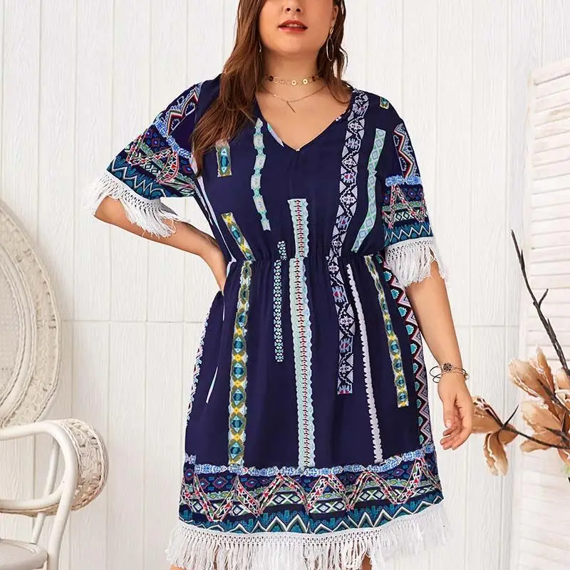 Женское платье средней длины большого размера свободное пляжное Хлопковое с