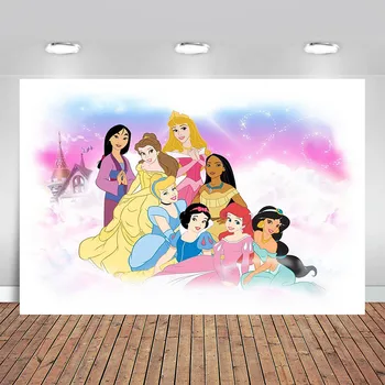 

All Cartoon Disney Princess Royal Pink Photo Background Diamond Crown Photography Backdrop for Girl Happy Birthday Party Banner