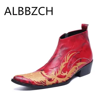 

New Men Luxury Embroidered Leather Ankle Boots High Heels Red Wedding Dress Shoes Retro Trending Western Cowboy Chelsea Boots