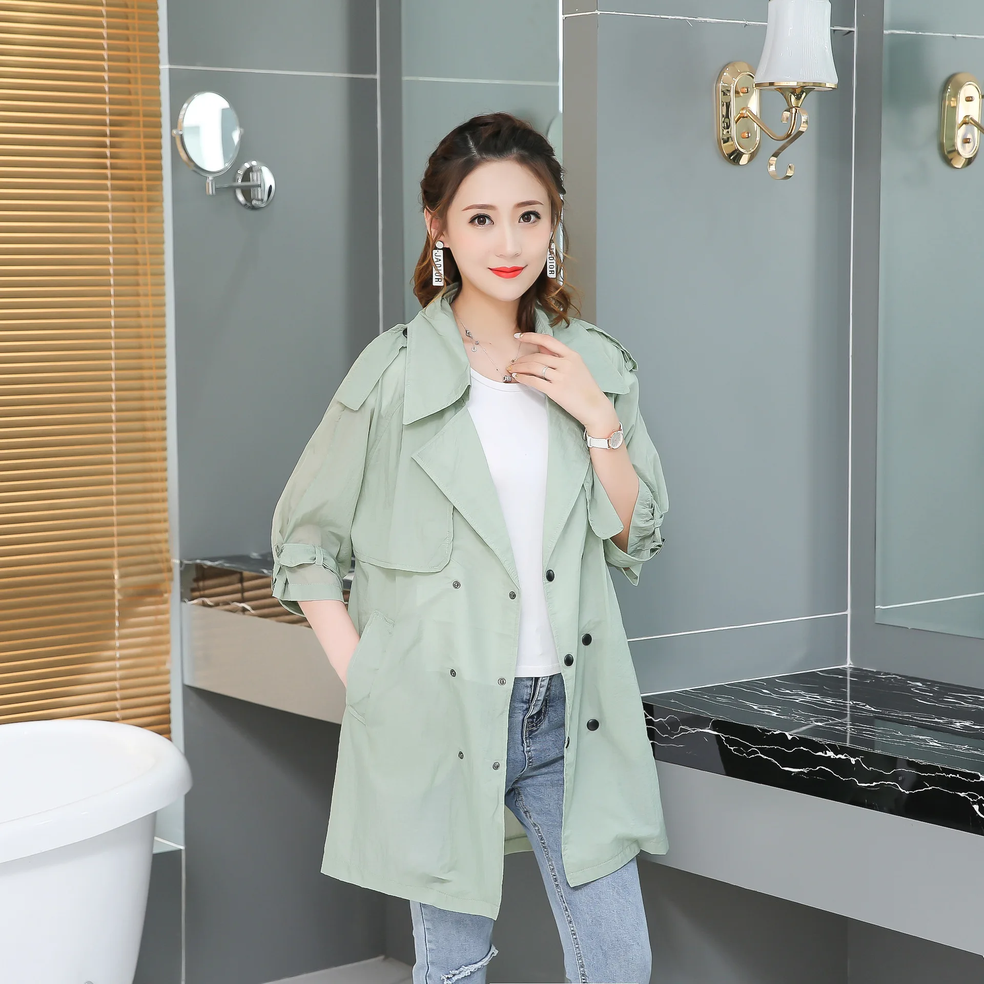 Summer Plus Size Women Coats Fashion Loose Half Sleeve sun-proof clothing Tops Female sun-proof clothing Z8680 - Цвет: Зеленый