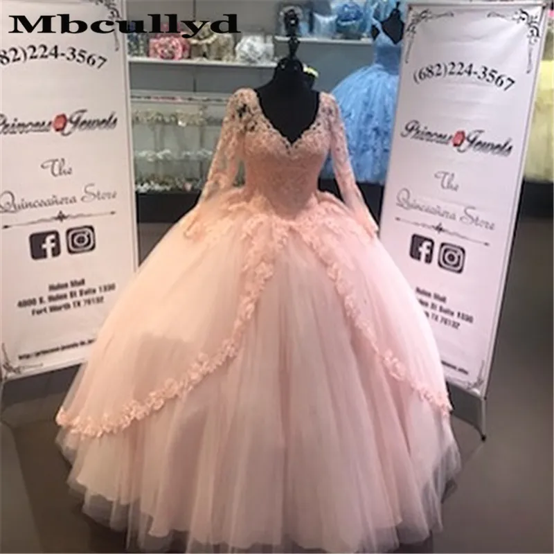 

Mbcullyd Puffy Tulle Quinceanera Dress 2019 Applique Lace Ball Gown Sweet 16 Prom Dress With Long Sleeves Vestidos De 15 Anos