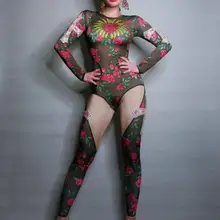 Праздничная одежда, блестящие стразы, 3D принт, комбинезон с розами, для выпускного, дня рождения, празднования, боди для женщин, костюм певицы, сценический наряд