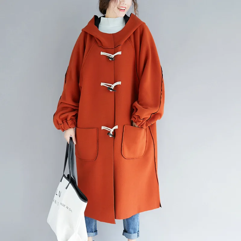 

[EWQ] 2019 Autumn Winter New Pattern Office Lady Style Loose Oversized Code Solid Color Full Sleeve Horn Button Hooded CoatAF810