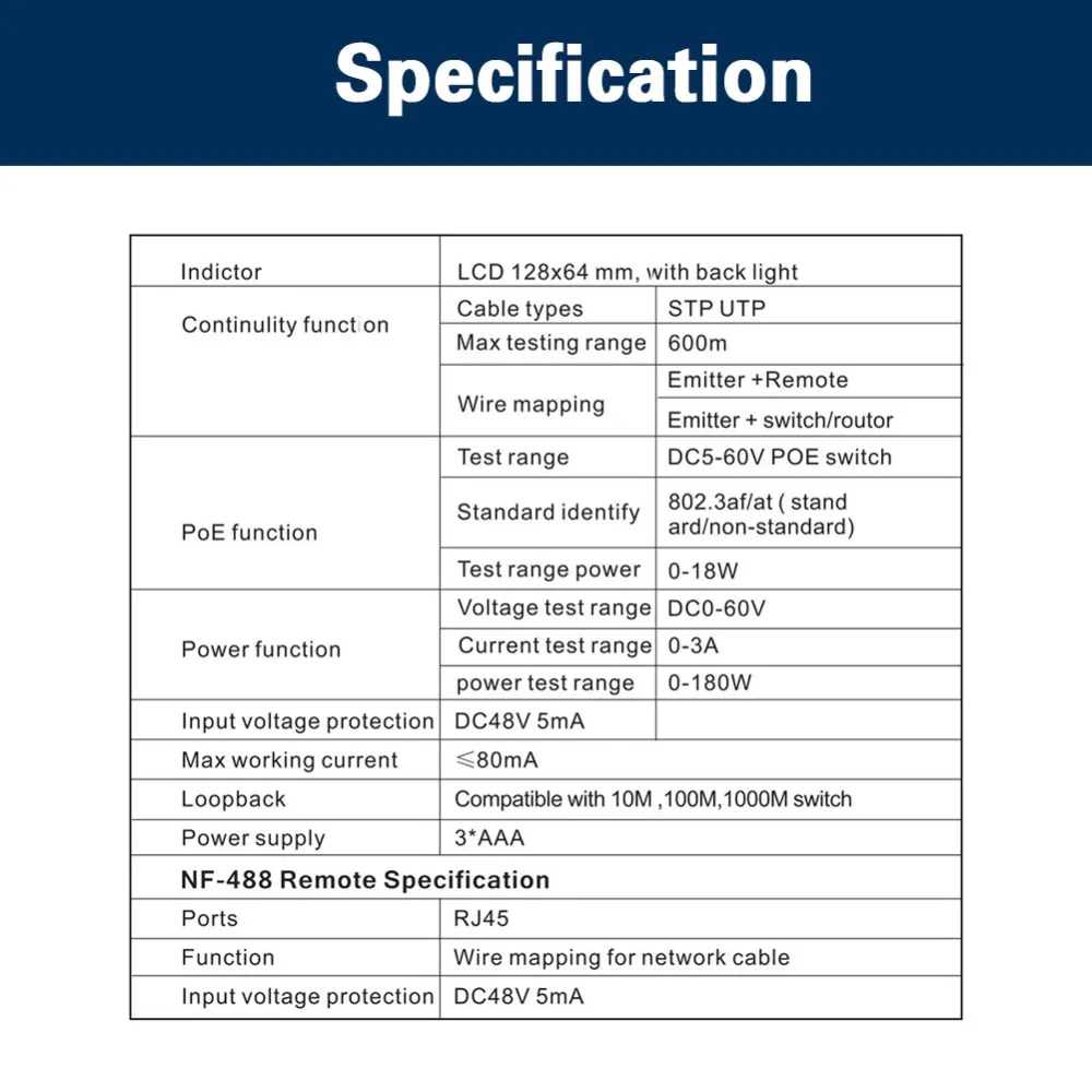 LCD, PoE Checker, sobre a Ethernet, Cat5, Cat6, NF-488