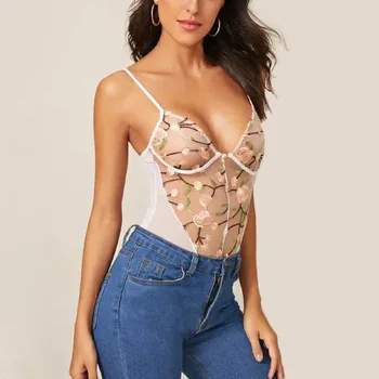 

Lingerie Porno Overalls Romper Women Sexy Embroidery Leotard Women Bodysuit See Though Sleeveless Button Short Romper Pajamas