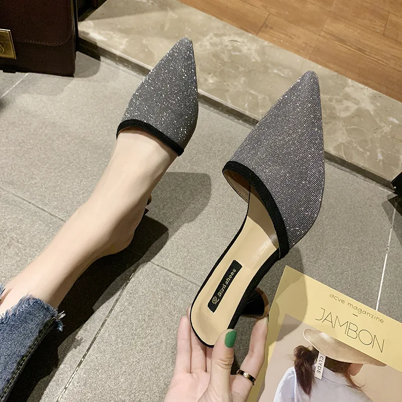 

2019 Summer New Style Europe And America Fashion Man-made Diamond Pointed-Toe Sequin Chunky-Heel Fairy Wind Outer Wear Sandals