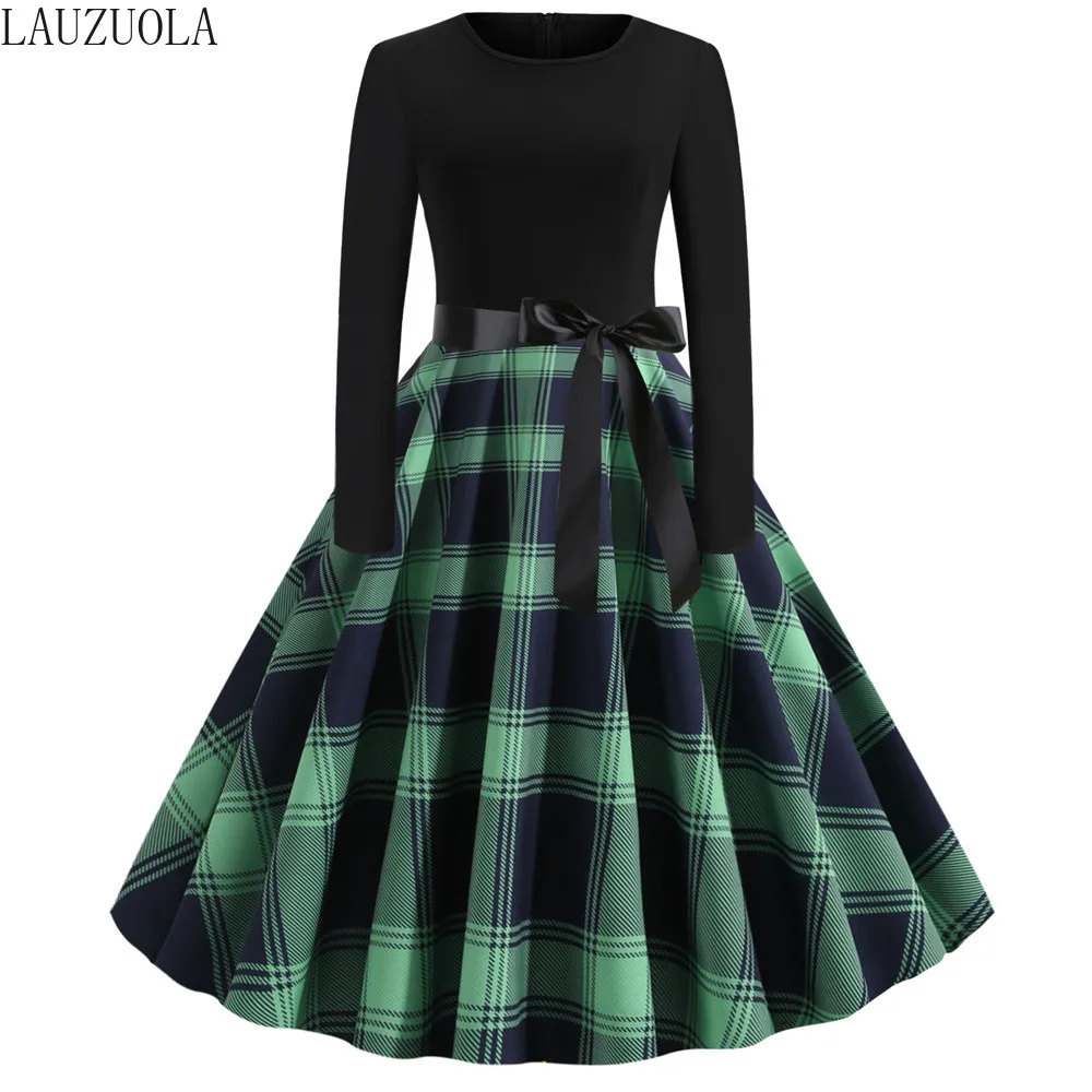 

LAUZUOLA Women Long Sleeve Plaid Dress 2019 Autumn Winter Black Patchwork Robes Vintage Rockabilly Dress Pinup Swing Knee-Length