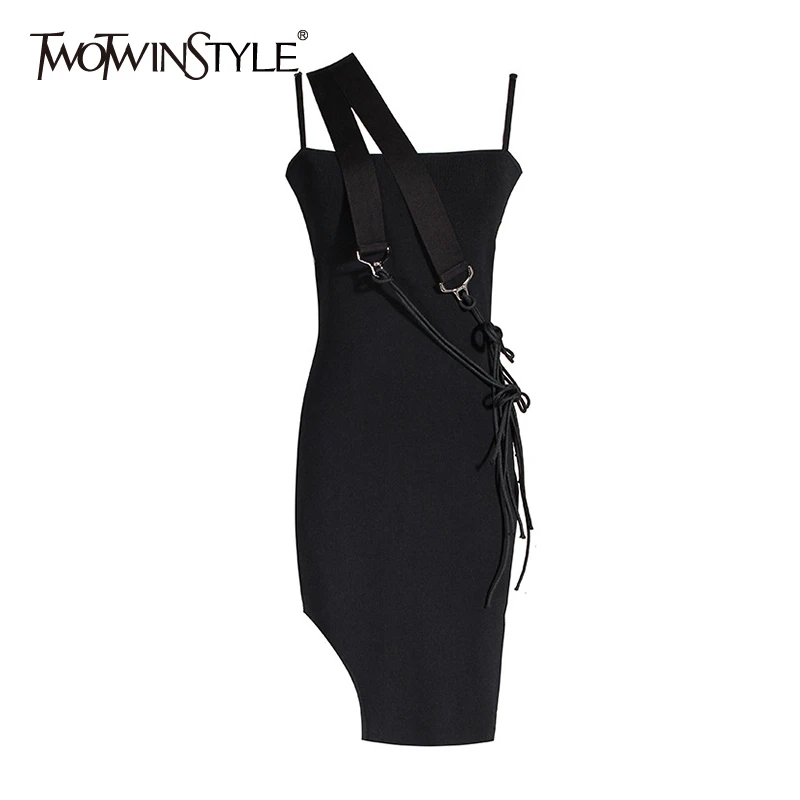 TWOTWINSTYLE Sexy Asymmteircal Summer Dress Women Sqiare Collar Spaghetti Strap High Waist Irregular Hem Lace Up Dresses Female TWOTWINSTYLE Sexy Asymmteircal Summer Dress Women Sqiare Collar Spaghetti Strap High Waist Irregular Hem Lace Up Dresses Female