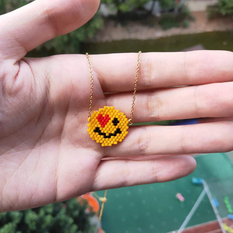 FAIRYWOO Happy Face Necklace Yellow Smile Pendant Jewelry Miyuki Beaded Necklaces For Women Gifts Sweet Heart Chains | Украшения и