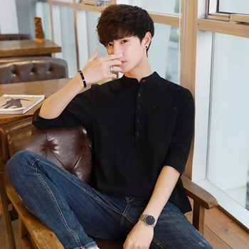 

Men Fashion Shirt Men 2019 New Casual Mandarin Collar Three Quarter Mens Dress Shirts