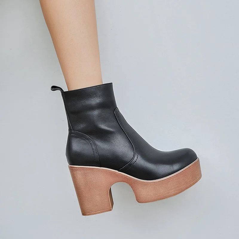

MEZEREON High Heel 9 CM Ankle Boots Thick Bottom Cow Leather Platform Shoes Round Toe Zipper Women Boots For Fashion Show