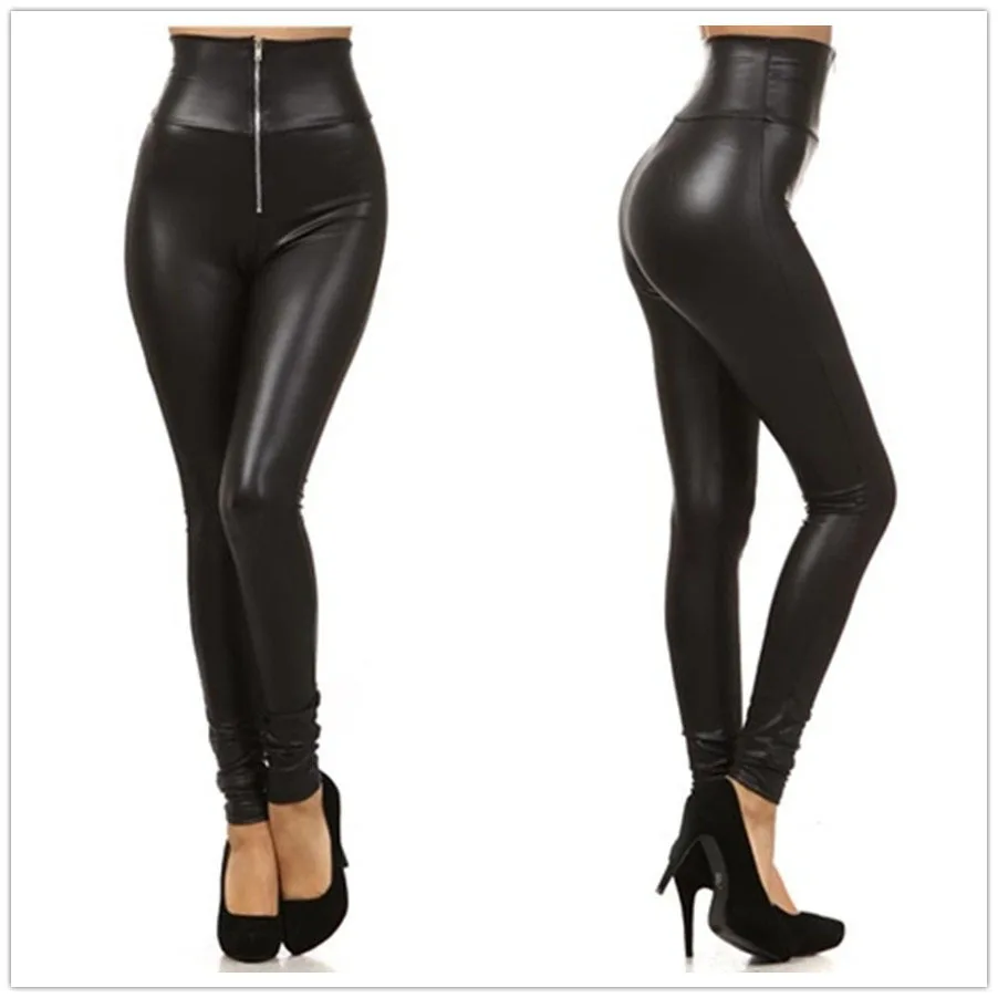 

Europe And America Hot Sales Faux Leather High-waisted Elasticity Capri Pants Zipper Activity Girdle Black And White with Patter