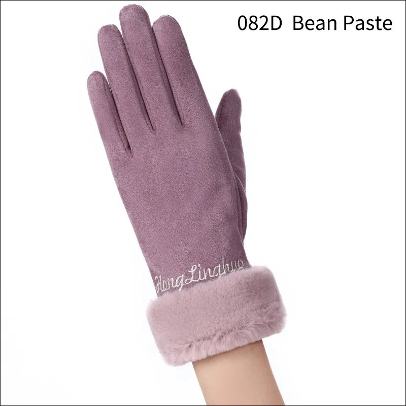 082D Bean Paste Зимние ветрозащитные двухслойные меховые женские перчатки с мультяшной вышивкой замшевые варежки с сенсорным экраном двойные толстые плюшевые перчатки для вождения - Цвет: 082D Bean Paste
