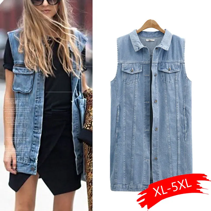 

Women Denim Vest Autumn Patchwork Jaqueta Coat Long Jeans Jacket Casual Outerwear Cardigans Casaco Female Plus Size