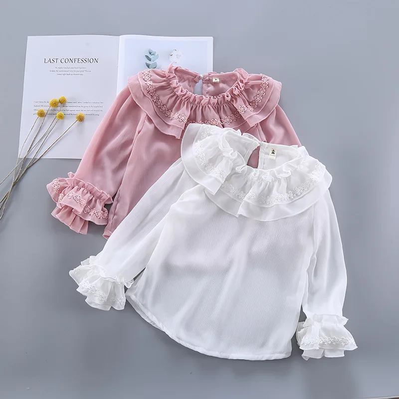 

2019 Autumn New Style Korean-style Girls Flounced Collar Chiffon Shirt Children Elegant Shirt Tops