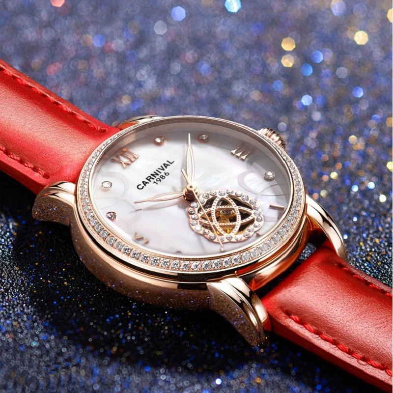 Карнавальная Мода женские Tourbillon механические часы люксовый бренд кожаный ремешок светящиеся водонепроницаемые женские часы Автоматические