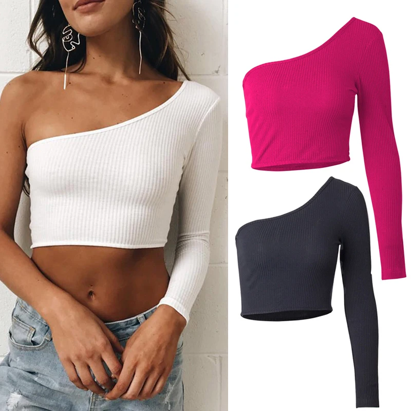 

Women Long Sleeve Solid Color Crop Top Off Shoulder Fashion T-shirt for Beach Party NGD88