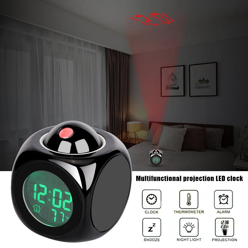 HOT Alarm Clock LED Wall Ceiling Projection LCD Digital Voices Talking Temperature Meter Smart
