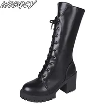 Новинка; зимние военные Жокейские ботинки; женские сапоги до колена на шнуровке из лакированной кожи; короткие плюшевые ботинки с заклепками на толстом каблуке; Muje; искусственная кожа