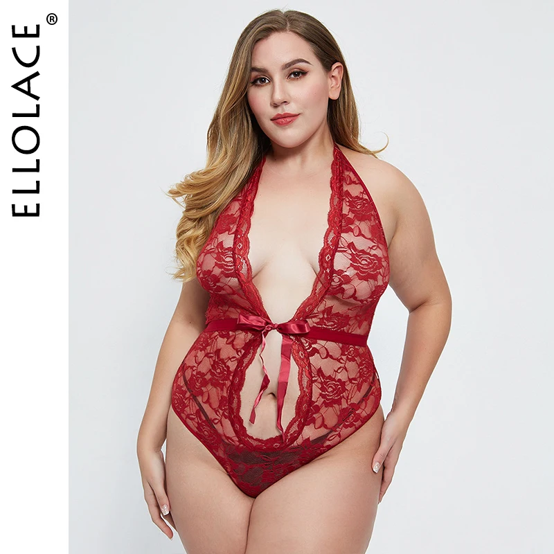 

Ellolace Sexy Lace Deep-V Bodysuit Large Size Halter Sleeveless Body Women See Through Bodycon Overalls Rompers New Wholesale