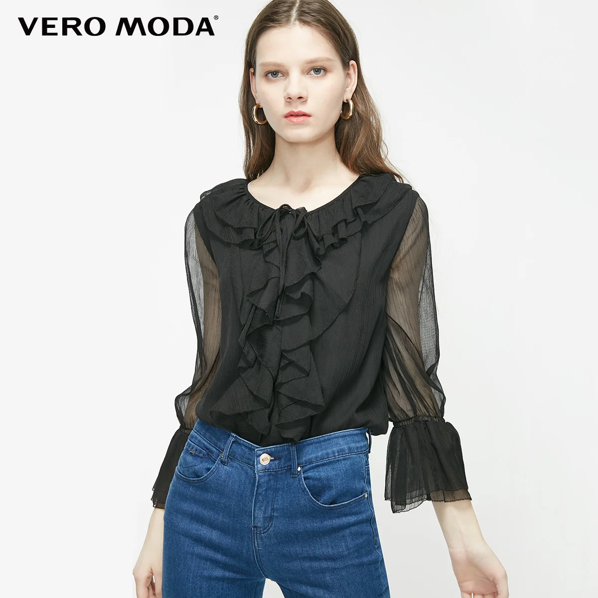 Black Vero Moda Женская винтажная шифоновая блузка с оборками | 319231506 - Цвет: Black