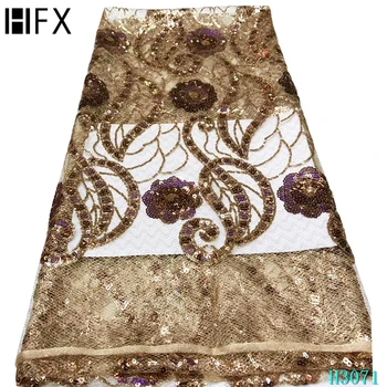 

HFX Nigerian Sequins Mesh French Lace Fabric 2020 High Quality Gold African Net Lace French Sequin Fabric for Party Dress F3071